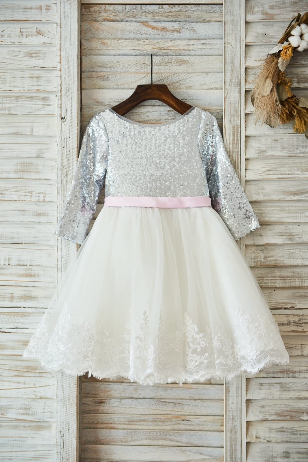 Long Sleeves Silver Sequin Ivory Lace Tulle Wedding Flower Girl Dress