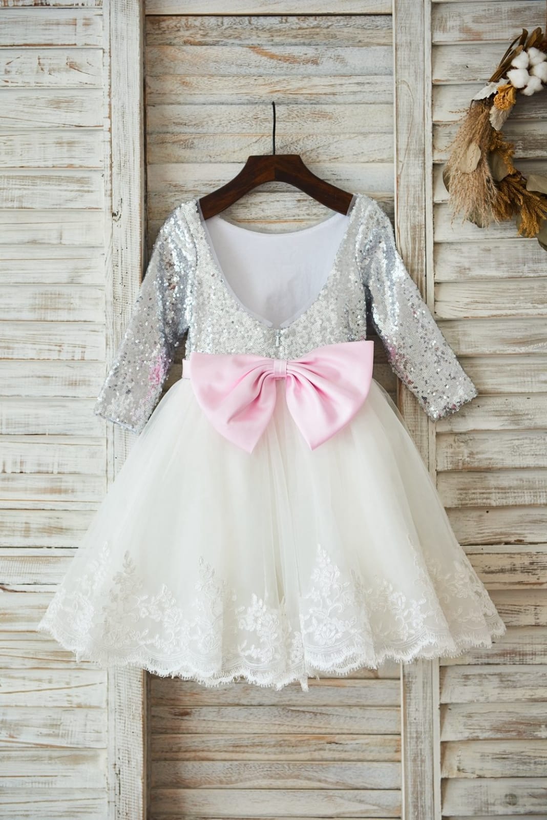 Long Sleeves Silver Sequin Ivory Lace Tulle Wedding Flower Girl Dress