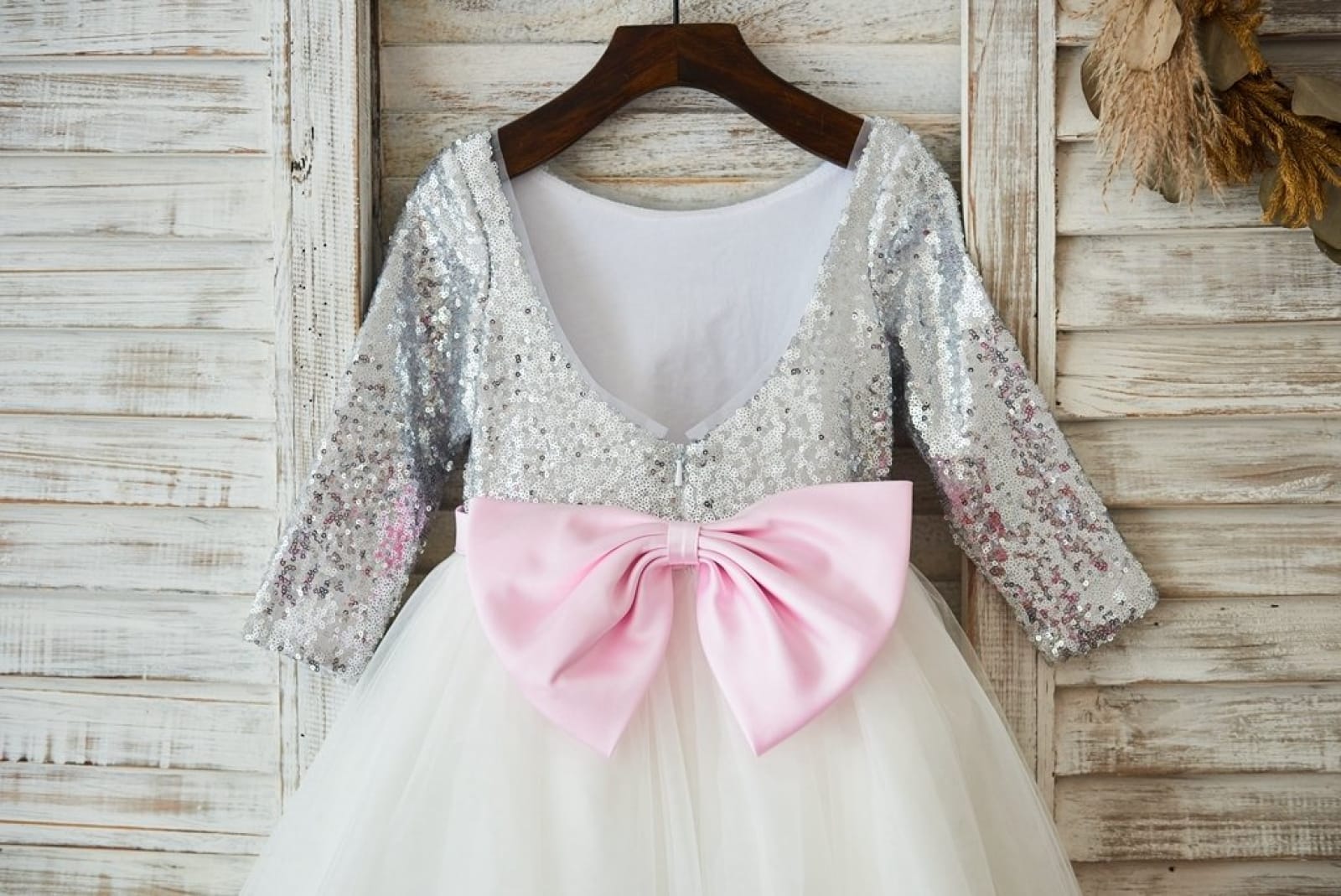 Long Sleeves Silver Sequin Ivory Lace Tulle Wedding Flower Girl Dress
