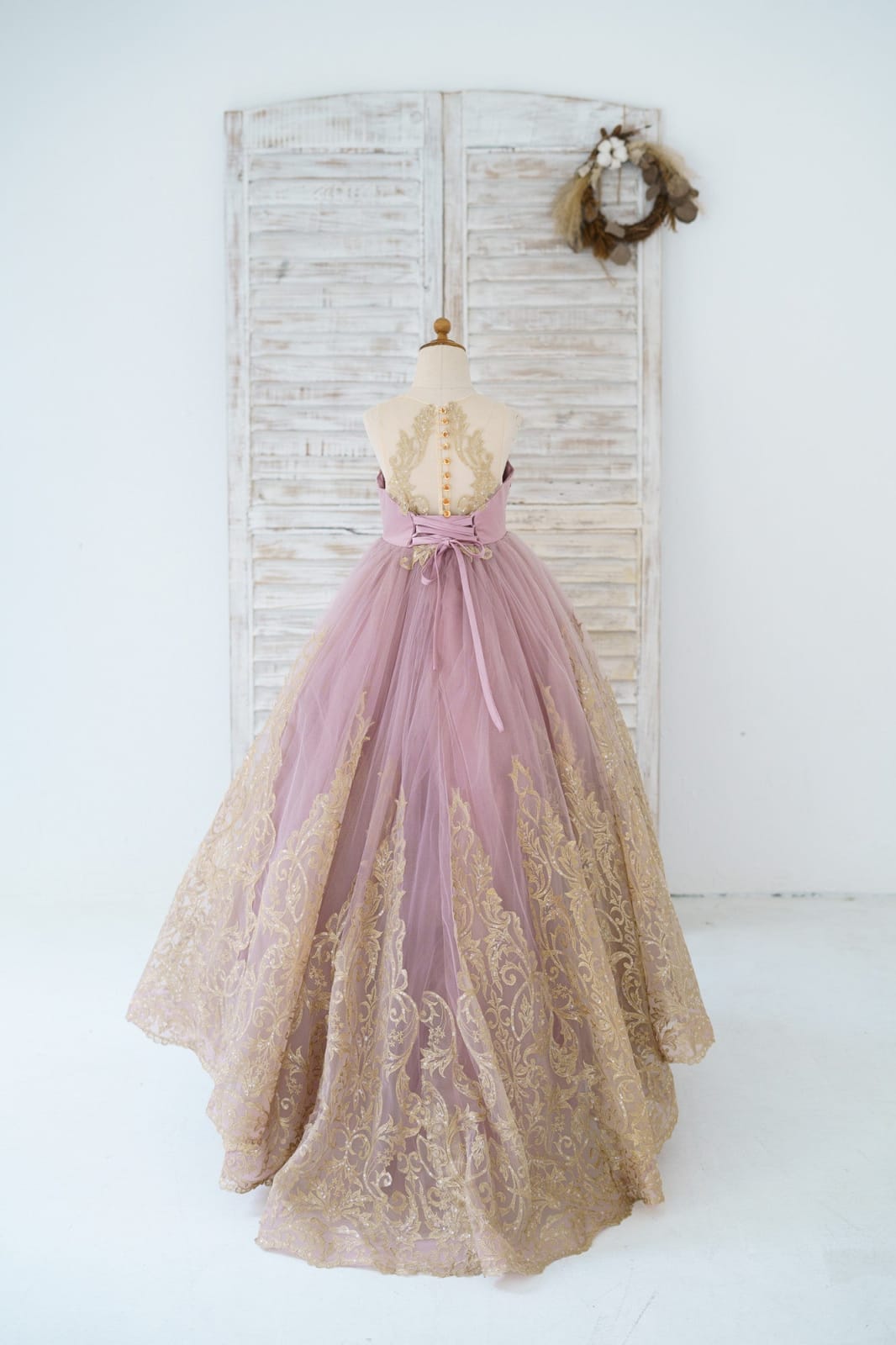 Mauve Tulle Gold Lace Sheer Back Wedding Flower Girl Dress Kids?Pageant?Gown