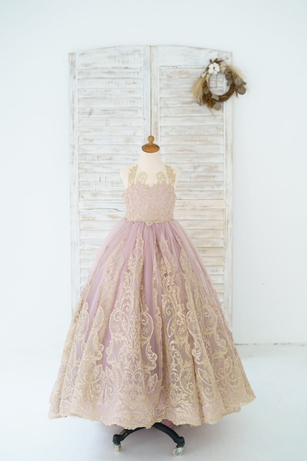 Mauve Tulle Gold Lace Sheer Back Wedding Flower Girl Dress Kids?Pageant?Gown