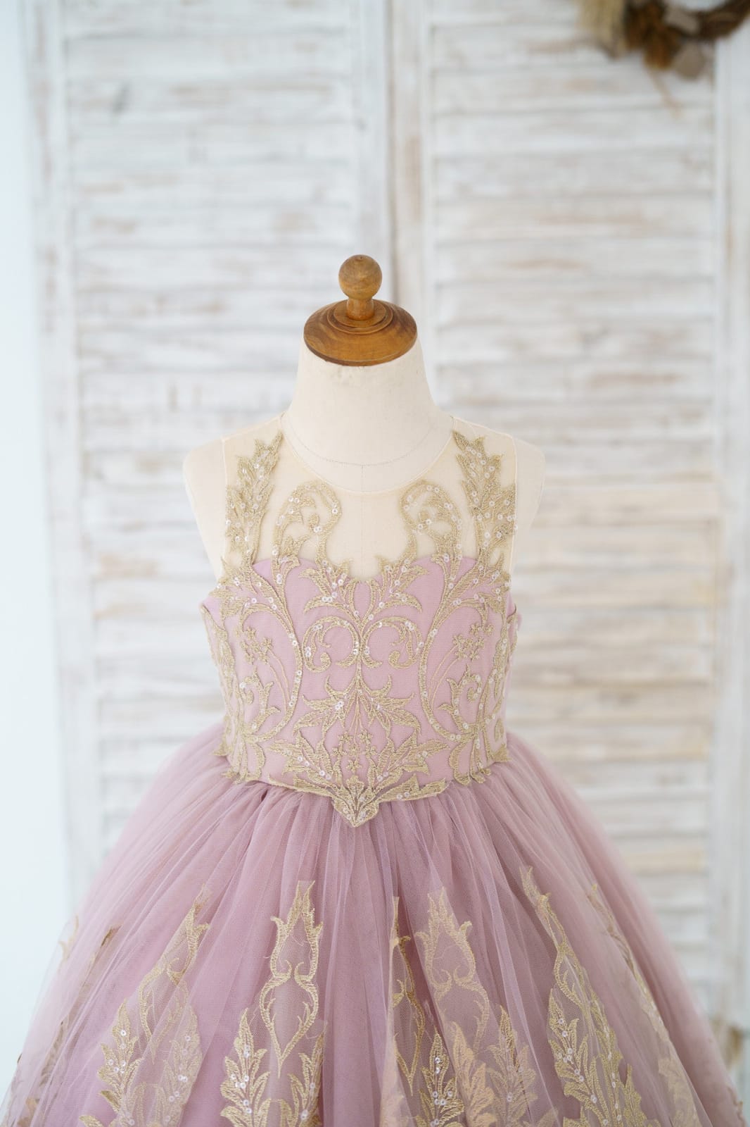 Mauve Tulle Gold Lace Sheer Back Wedding Flower Girl Dress Kids?Pageant?Gown