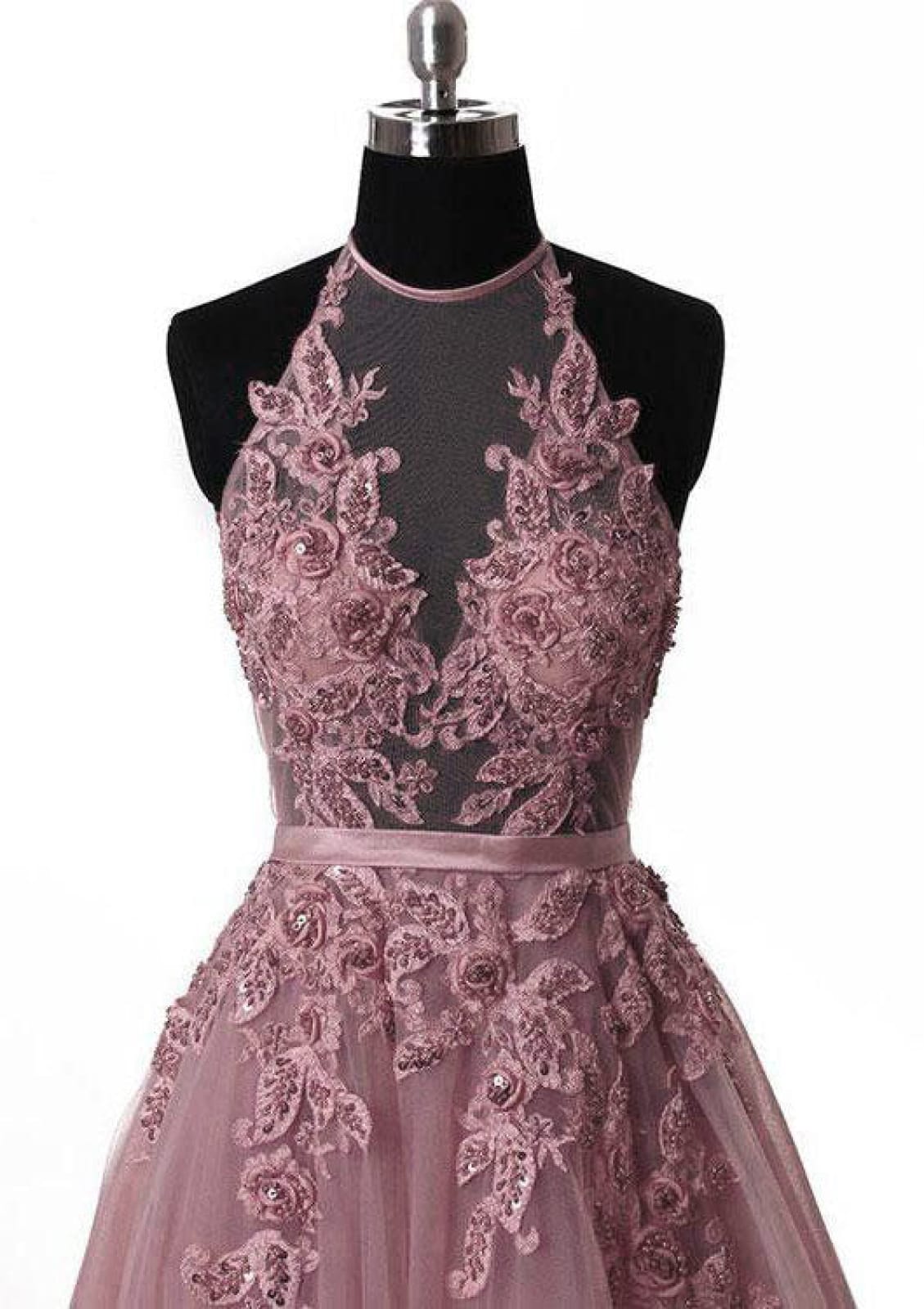 Mauve Tulle Prom Dress A-Line Halter Sleeveless Floor Length Court, Lace