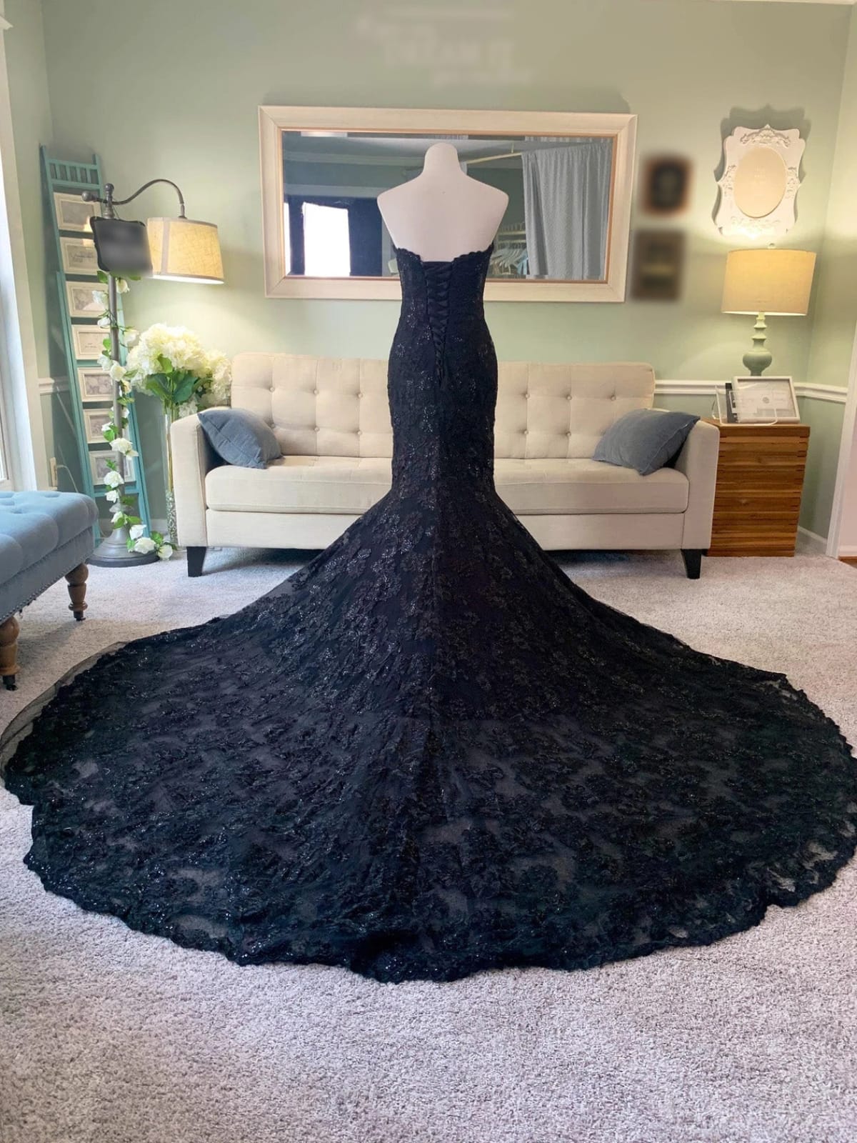 Mermaid Lace 3 in 1 Black Wedding Dress, Cape Veil, Removable Sleeves