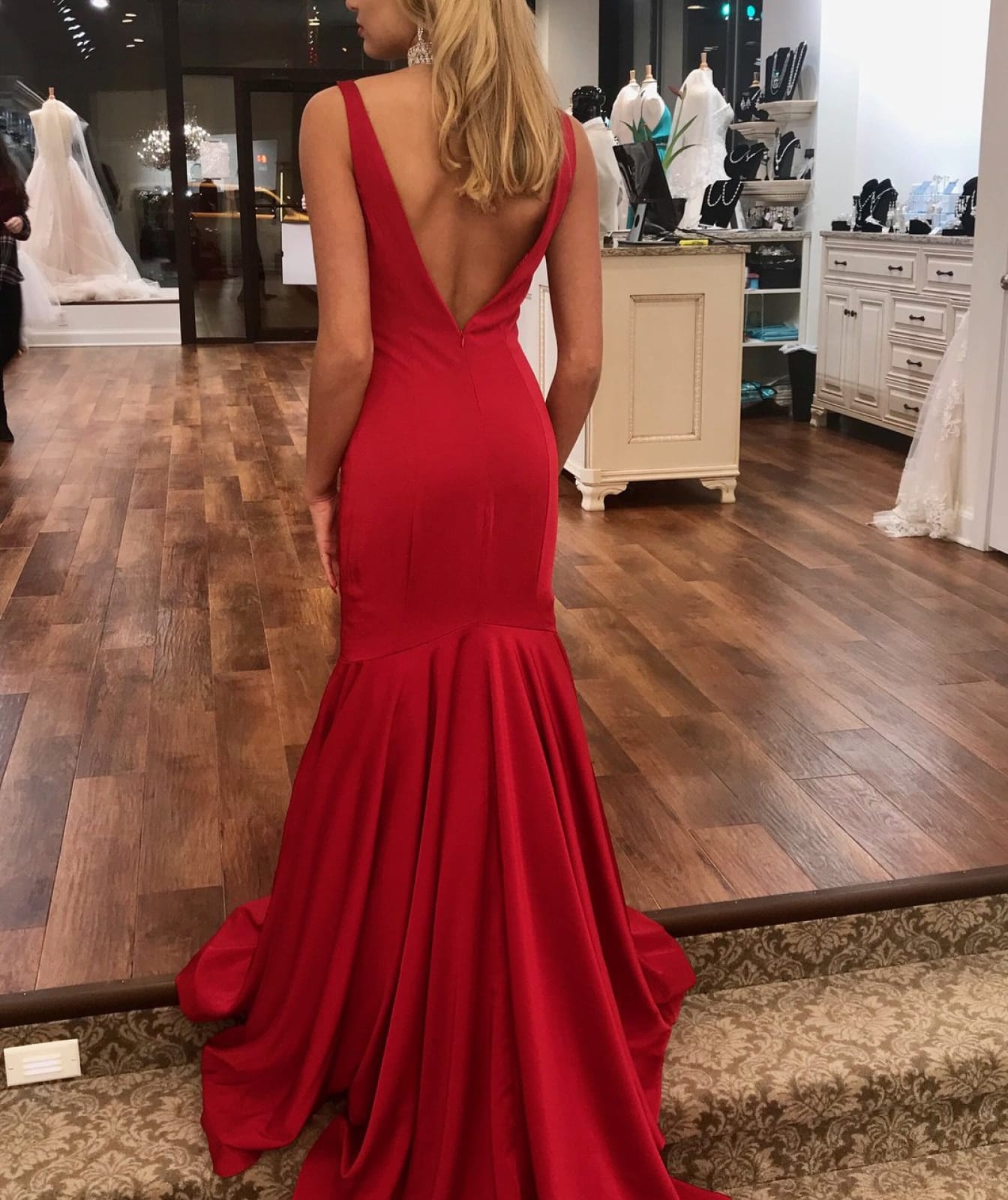 Mermaid Red Chiffon Straps V Back Wedding Party Evening Dress, Sweep Train