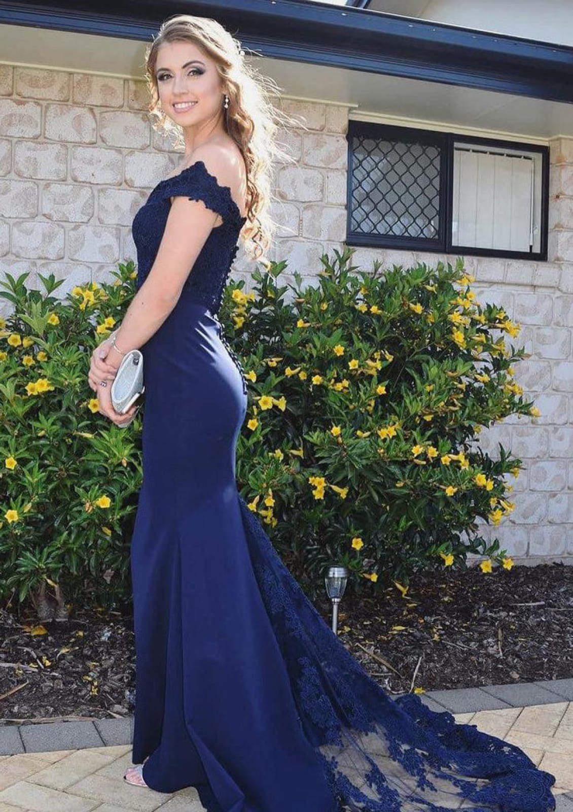 Mermaid Off Shoulder Sleeveless Court Fishtail Navy Blue Satin Prom Dress, Lace