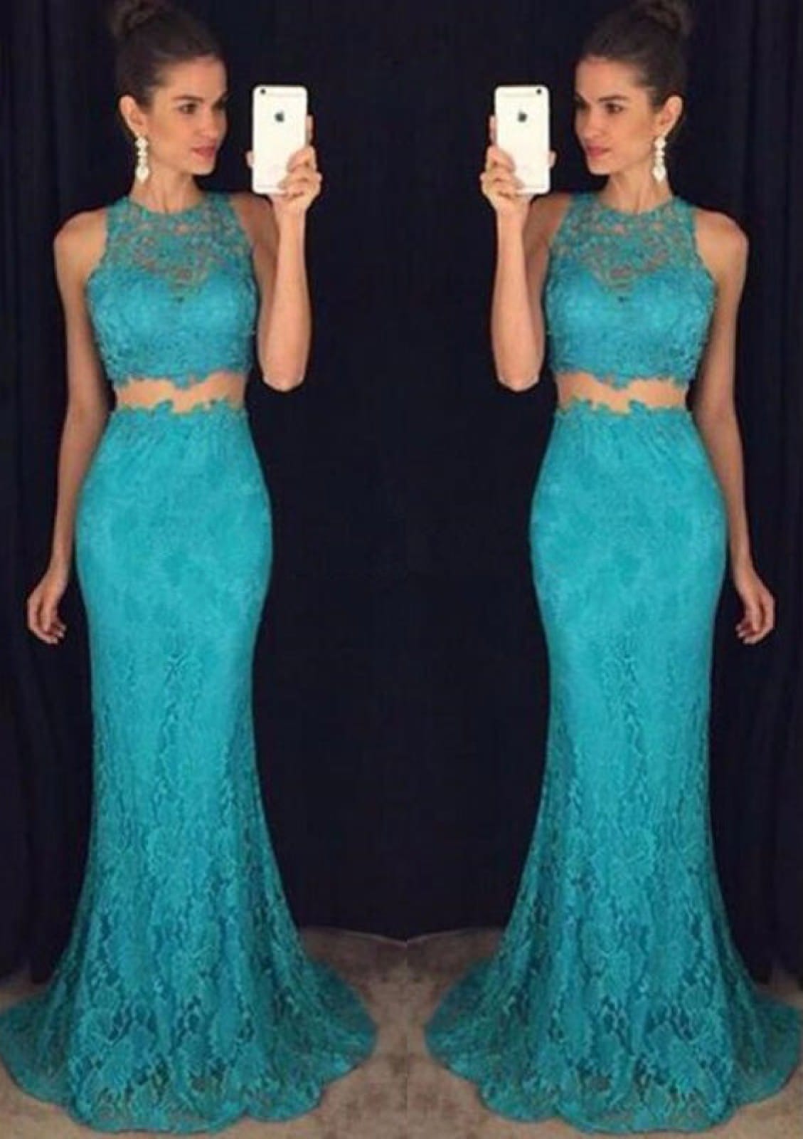 Mermaid Sleeveless Sweep Turquoise Lace Two Piece Long Prom Dress, Beaded