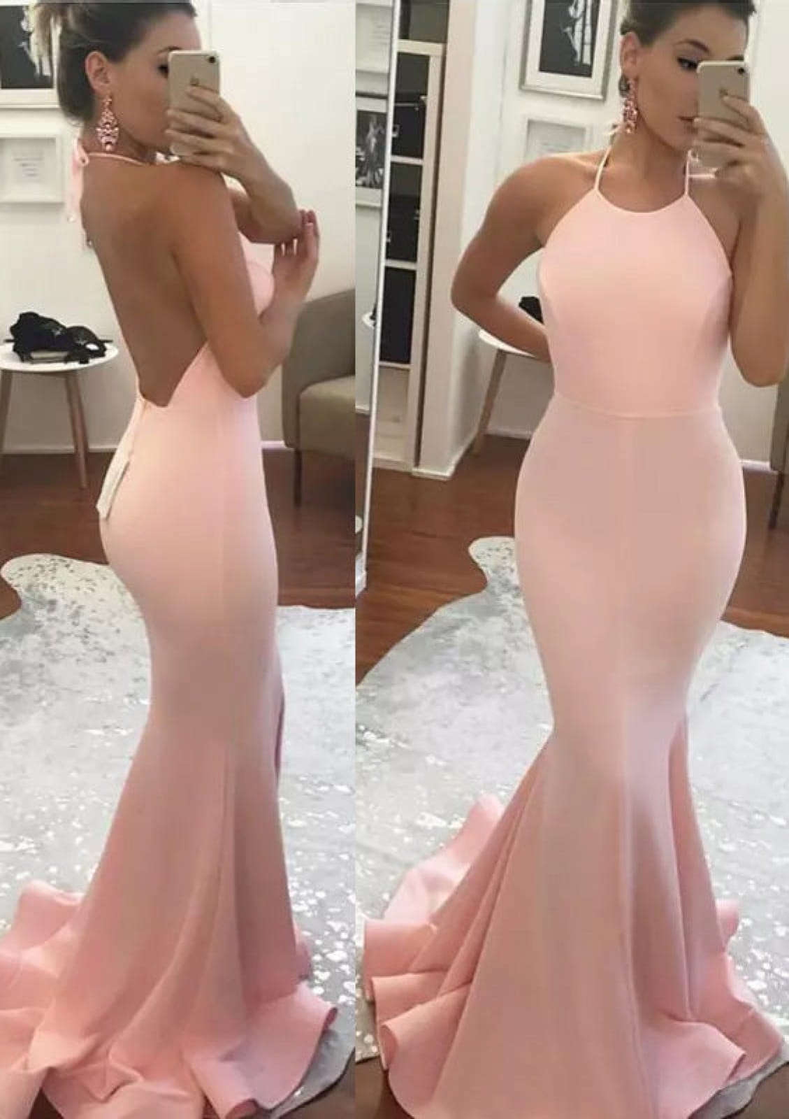 Mermaid Tie Halter Backless Pearl Pink Elastic Satin Evening Gown