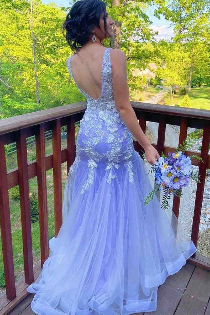 Mermaid / Trumpet Prom Dresses Floral Dress Formal Sweep / Brush Train Sleeveless V Neck Tulle with Ruffles Appliques 2024