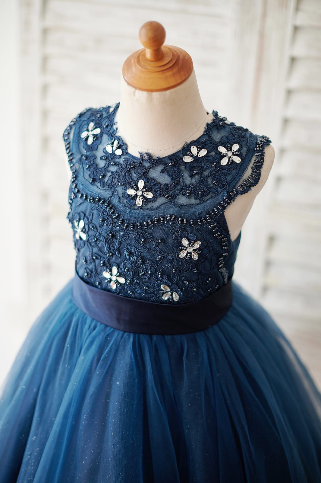 Navy Blue Lace Glitter Tulle Beaded Cross Back Wedding Flower Girl Dress