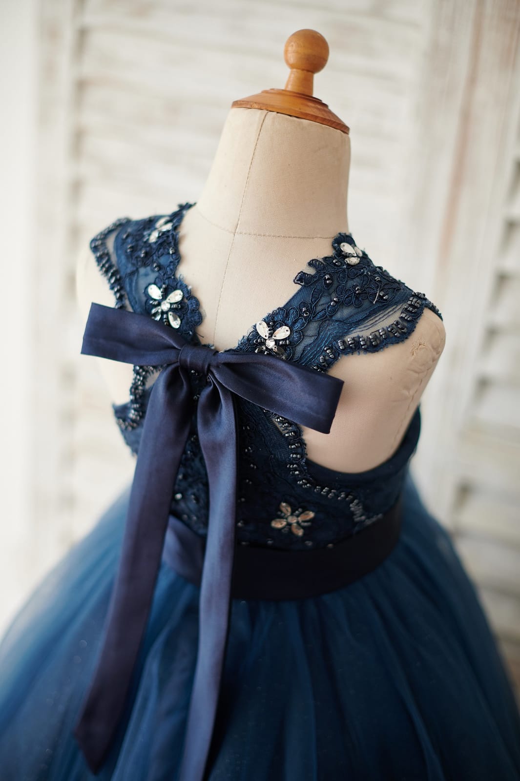 Navy Blue Lace Glitter Tulle Beaded Cross Back Wedding Flower Girl Dress