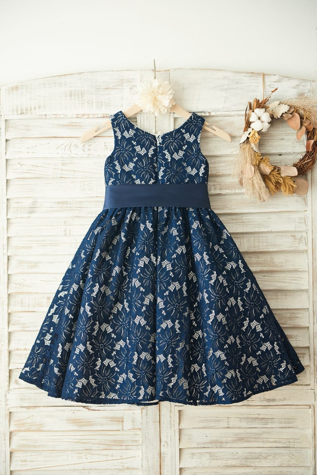 Navy Blue Lace Wedding Flower Girl Dress, Belt