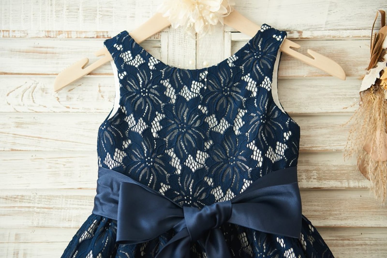 Navy Blue Lace Wedding Flower Girl Dress, Belt