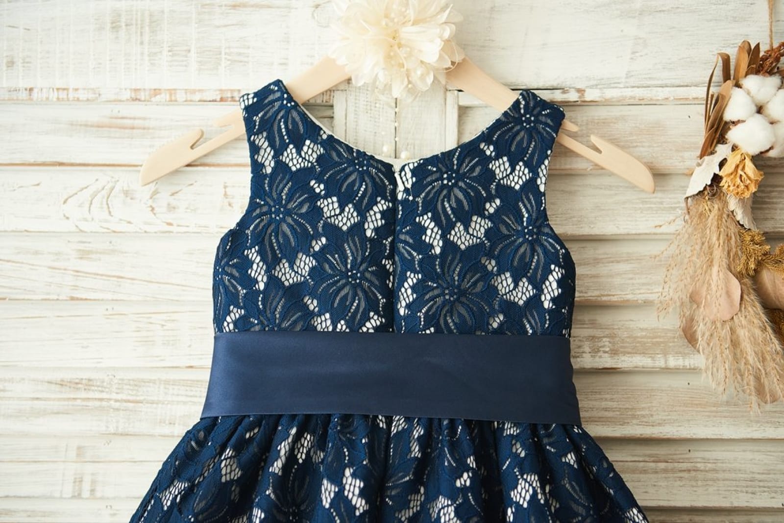 Navy Blue Lace Wedding Flower Girl Dress, Belt