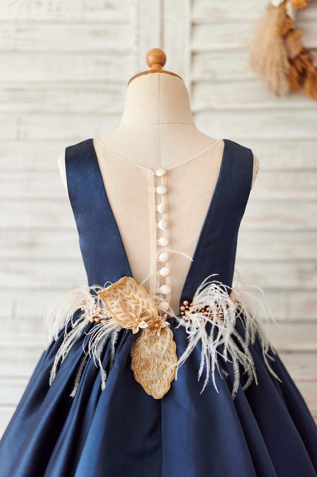 Navy Blue Satin V Neck Wedding Party Flower Girl Dress, Feather