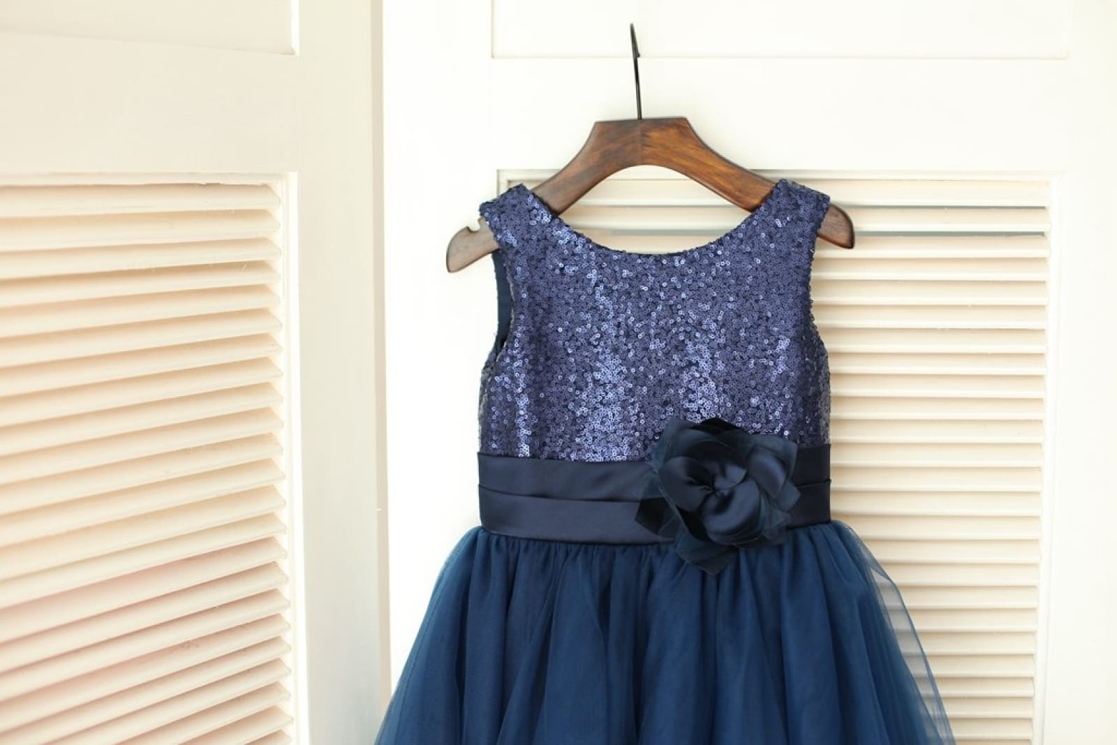 Navy Blue Sequin Tulle Wedding Flower Girl Dress, Curly Hem