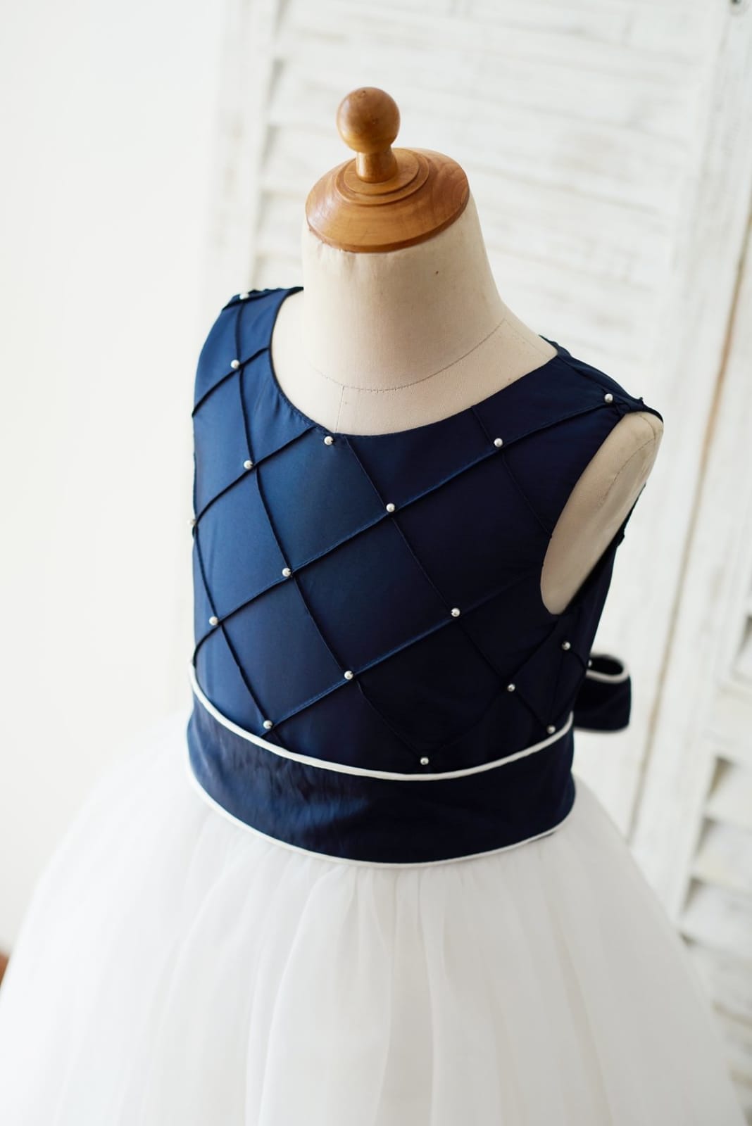 Navy Blue Taffeta Ivory Tulle Wedding Party Flower Girl Dress, Pearls