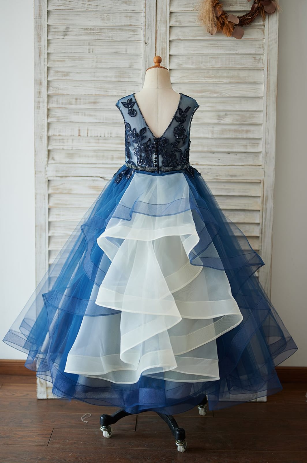 Navy Blue Tulle Organza V Back Wedding Flower Girl Dress, Beading