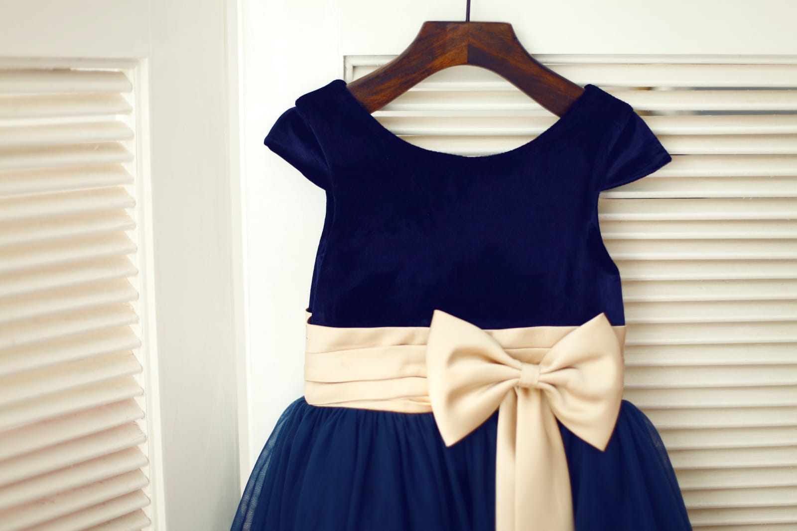 Navy Blue Velvet Tulle Cap Sleeve Wedding Flower Girl Dress