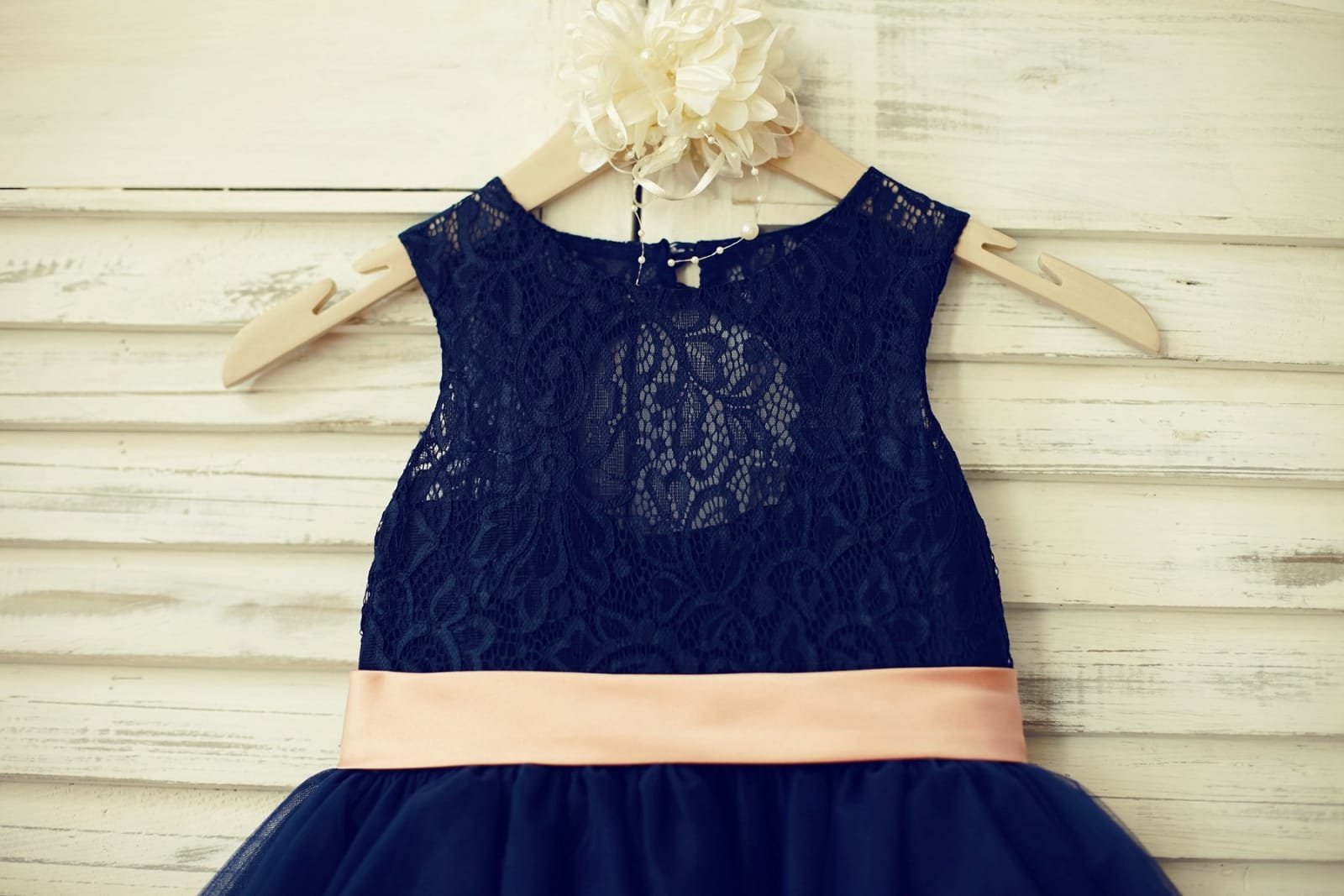 Navy Blue/Gray Lace Tulle Keyhole Back Flower Girl Dress