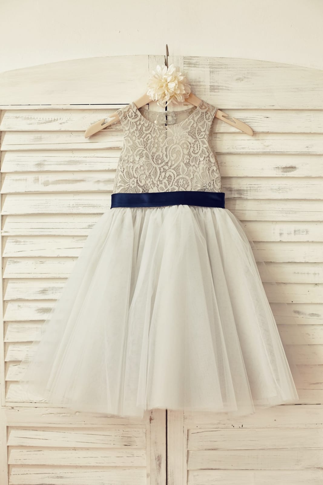 Navy Blue/Gray Lace Tulle Keyhole Back Flower Girl Dress