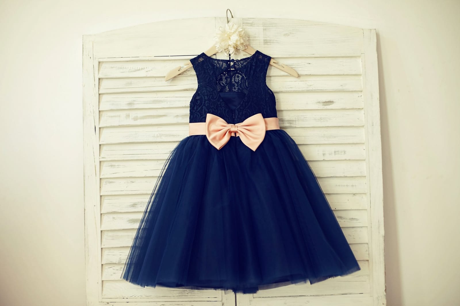 Navy Blue/Gray Lace Tulle Keyhole Back Flower Girl Dress