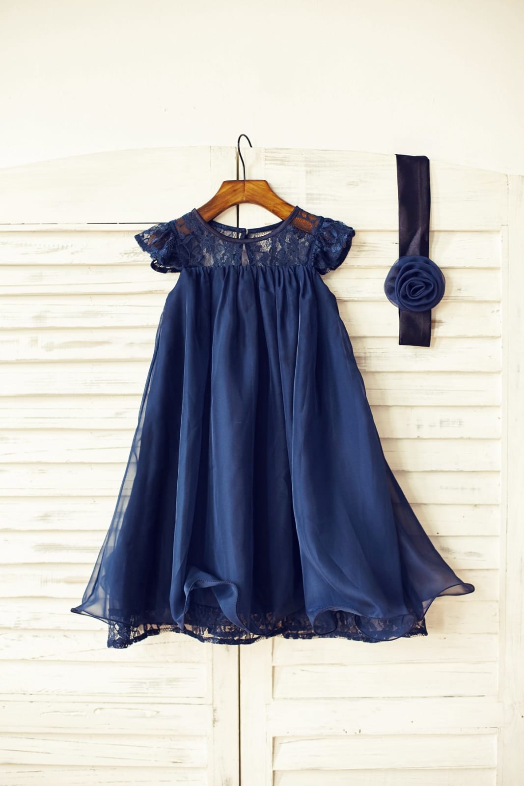 Navy Blue/Ivory/Pink/Gray Lace Chiffon Cap Sleeves Flower Girl Dress
