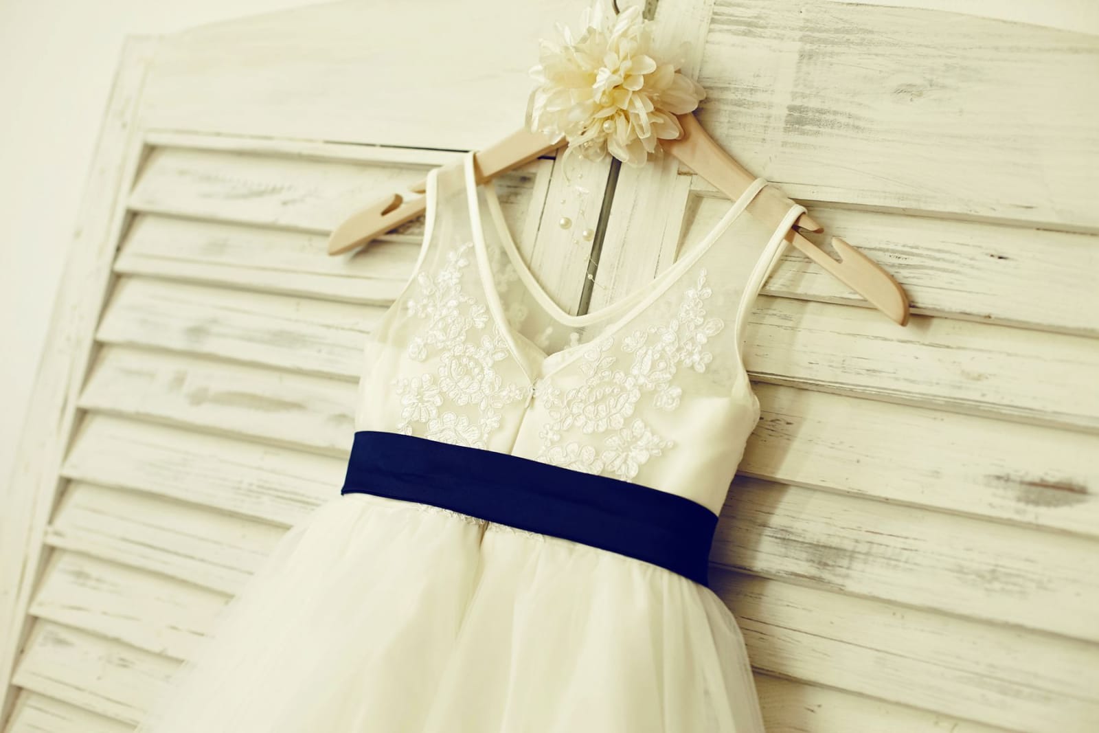 V Neck Ivory Lace Tulle Flower Girl Dress, Navy Blue Sash