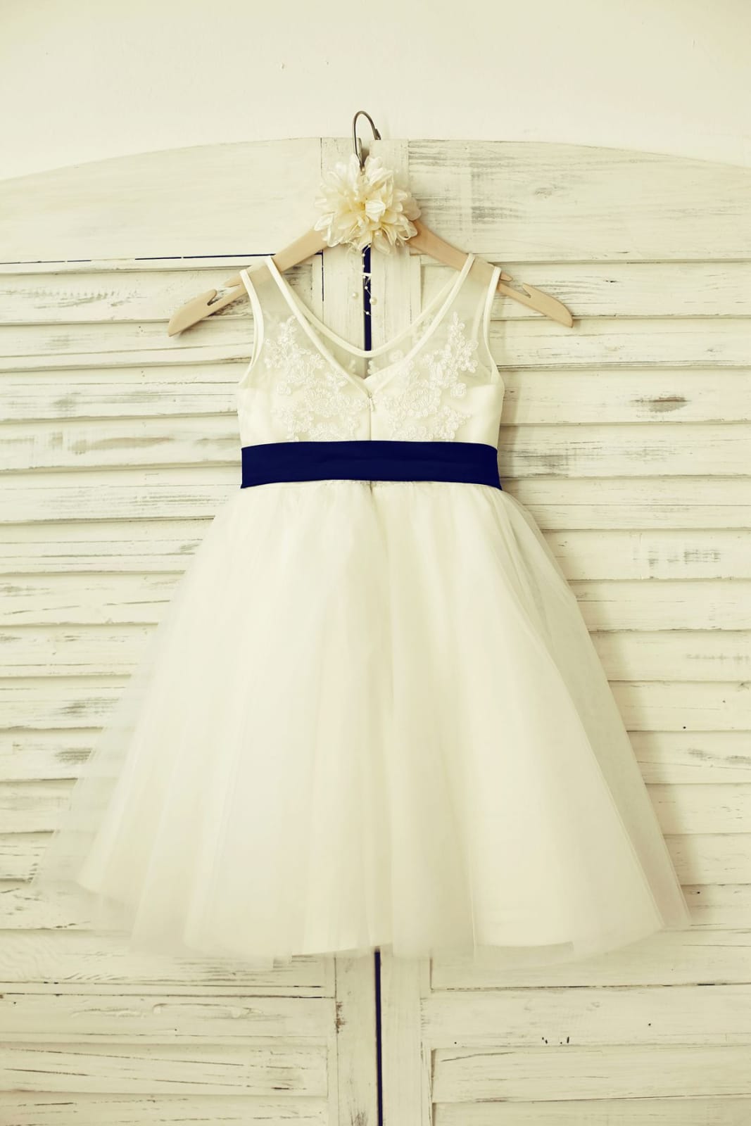 V Neck Ivory Lace Tulle Flower Girl Dress, Navy Blue Sash