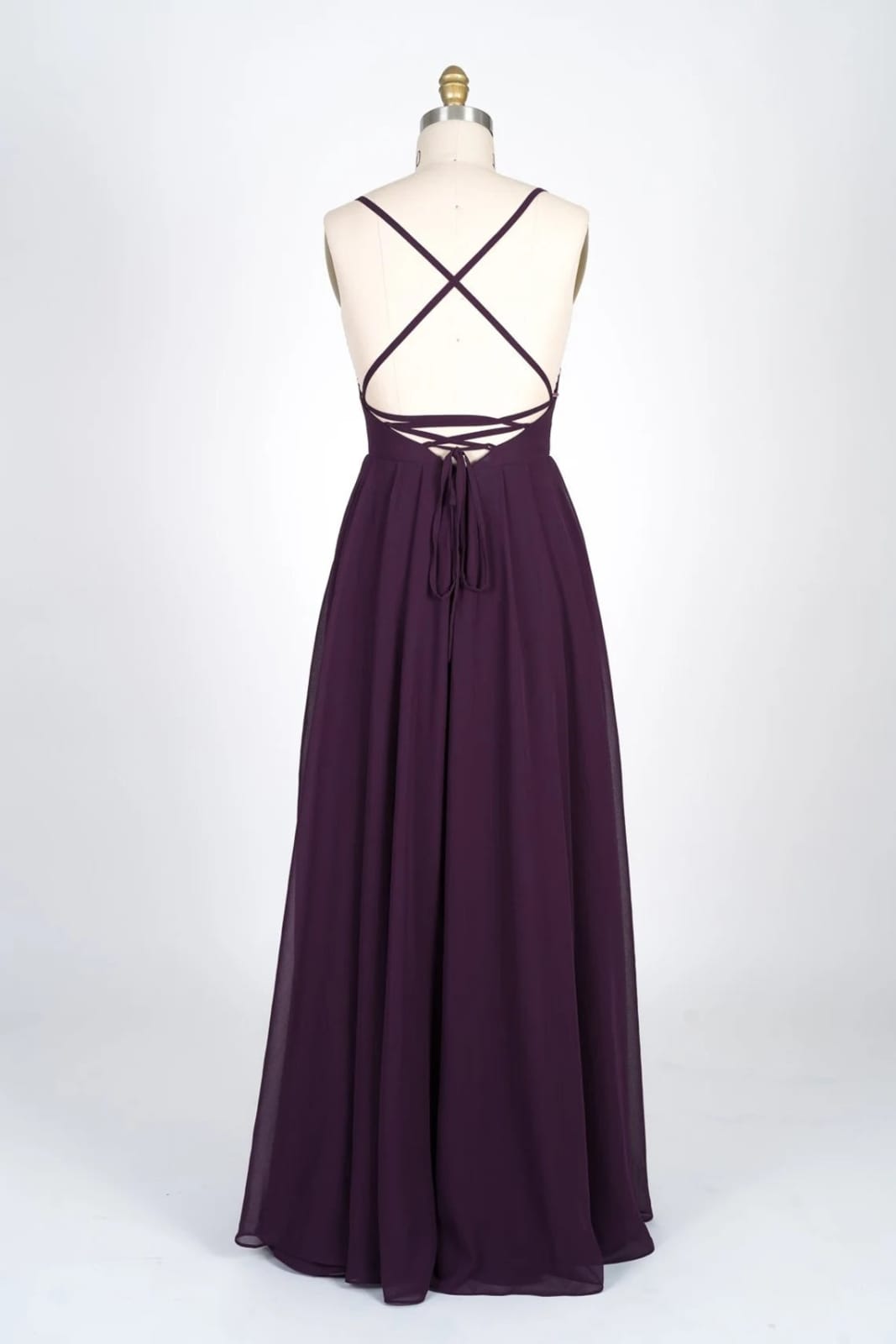 V-Neck Spaghetti Strap Criss-Cross Strappy Plum Chiffon Bridesmaid Dress