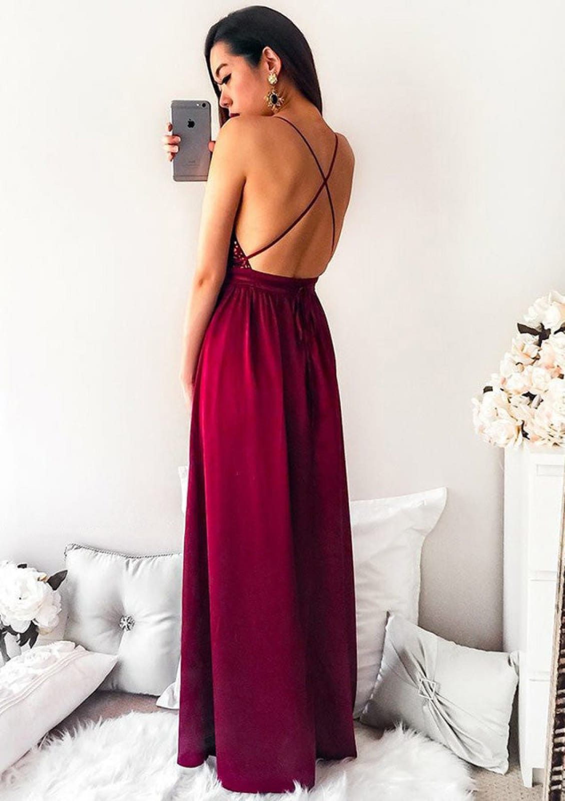 V Neck Spaghetti Strap Cross Open Back Long Chiffon Split Prom Formal Dress, Sequins