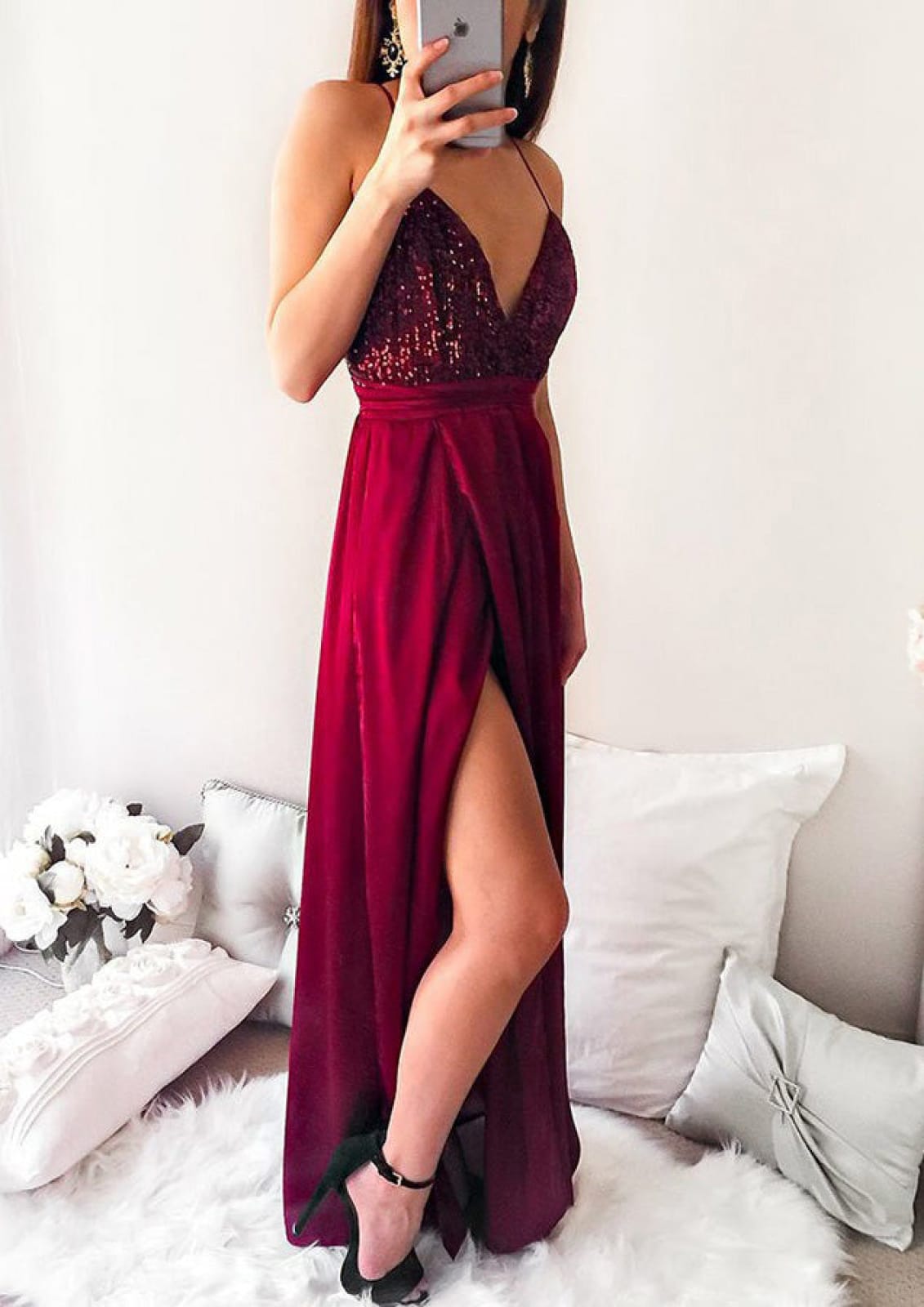 V Neck Spaghetti Strap Cross Open Back Long Chiffon Split Prom Formal Dress, Sequins