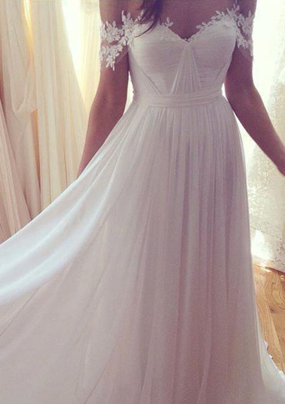 Off Shoulder Chiffon Pleats A-line Long Bridal Gown Wedding Dress