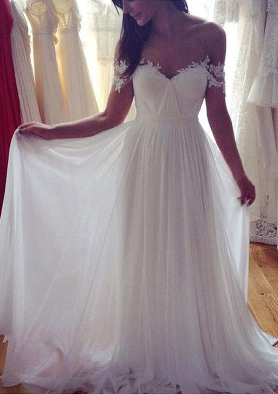 Off Shoulder Chiffon Pleats A-line Long Bridal Gown Wedding Dress