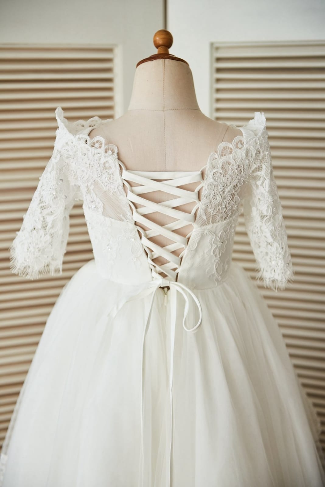 Off Shoulder Elbow Sleeves Beaded Lace Tulle Wedding Flower Girl Dress