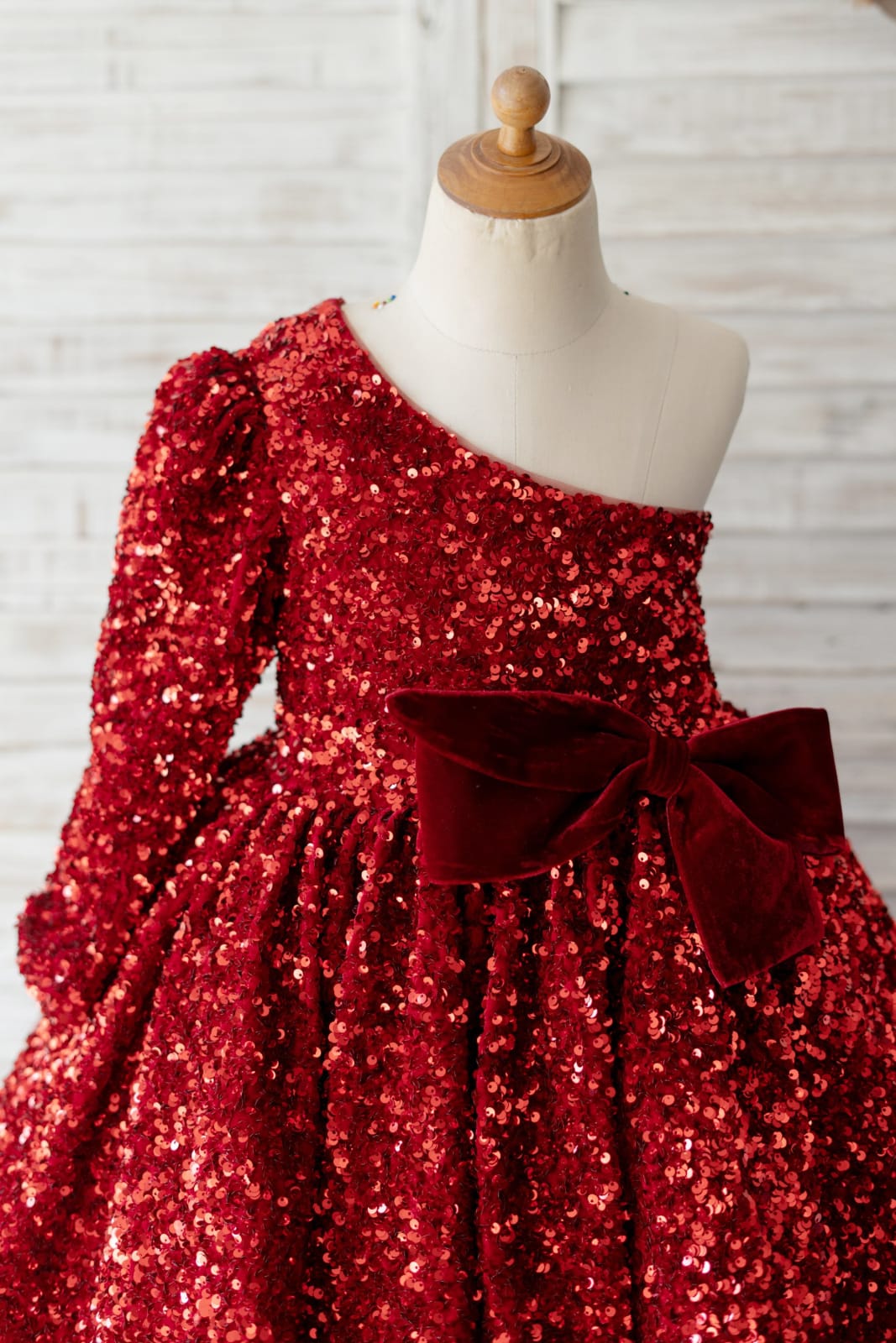 One Shoulder Burgundy Sequin Long Sleeves Wedding Flower Girl Dress