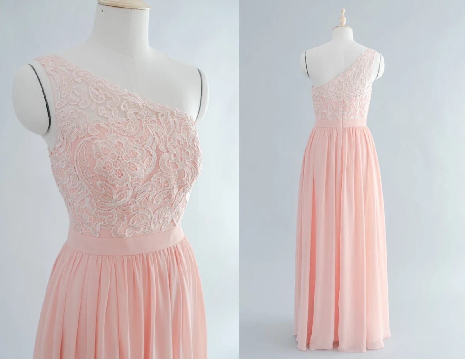 One Shoulder Floor-Length Blush Lace Chiffon Bridemaid Dress