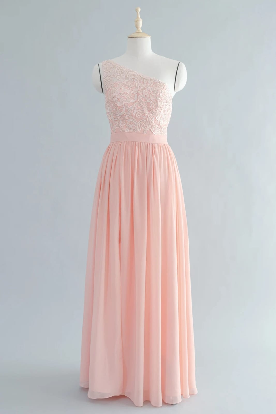 One Shoulder Floor-Length Blush Lace Chiffon Bridemaid Dress