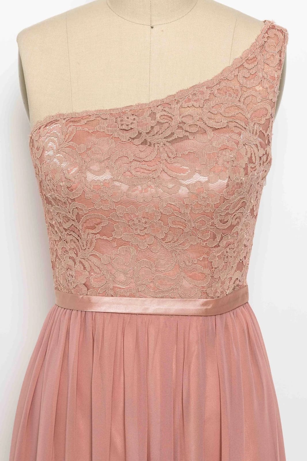 One Shoulder Peach Pink Lace Chiffon Long Bridesmaid Dress