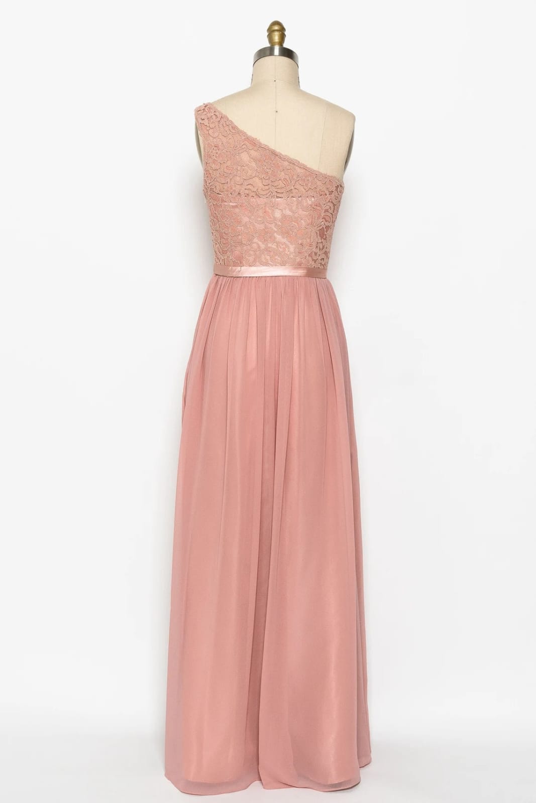 One Shoulder Peach Pink Lace Chiffon Long Bridesmaid Dress