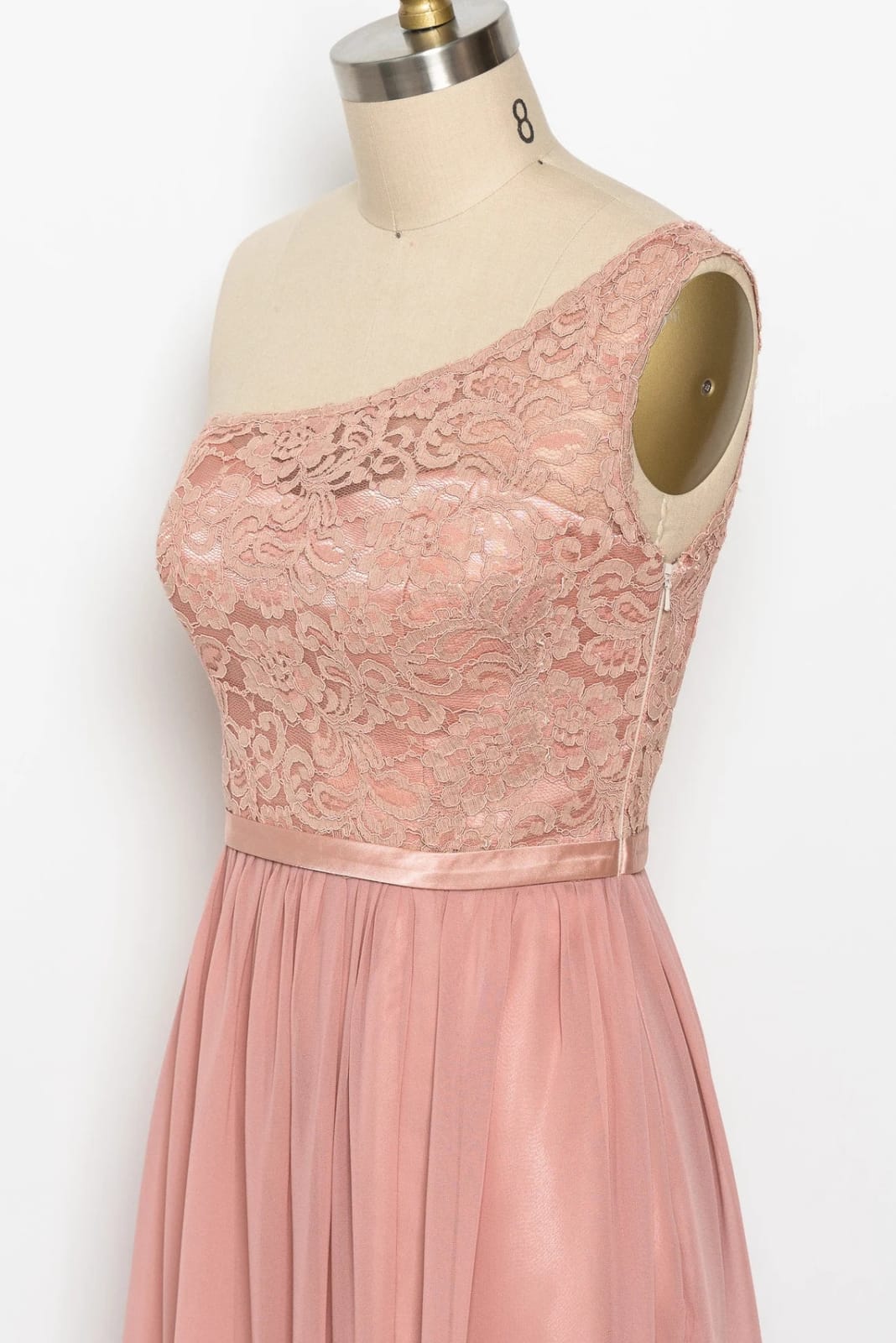 One Shoulder Peach Pink Lace Chiffon Long Bridesmaid Dress