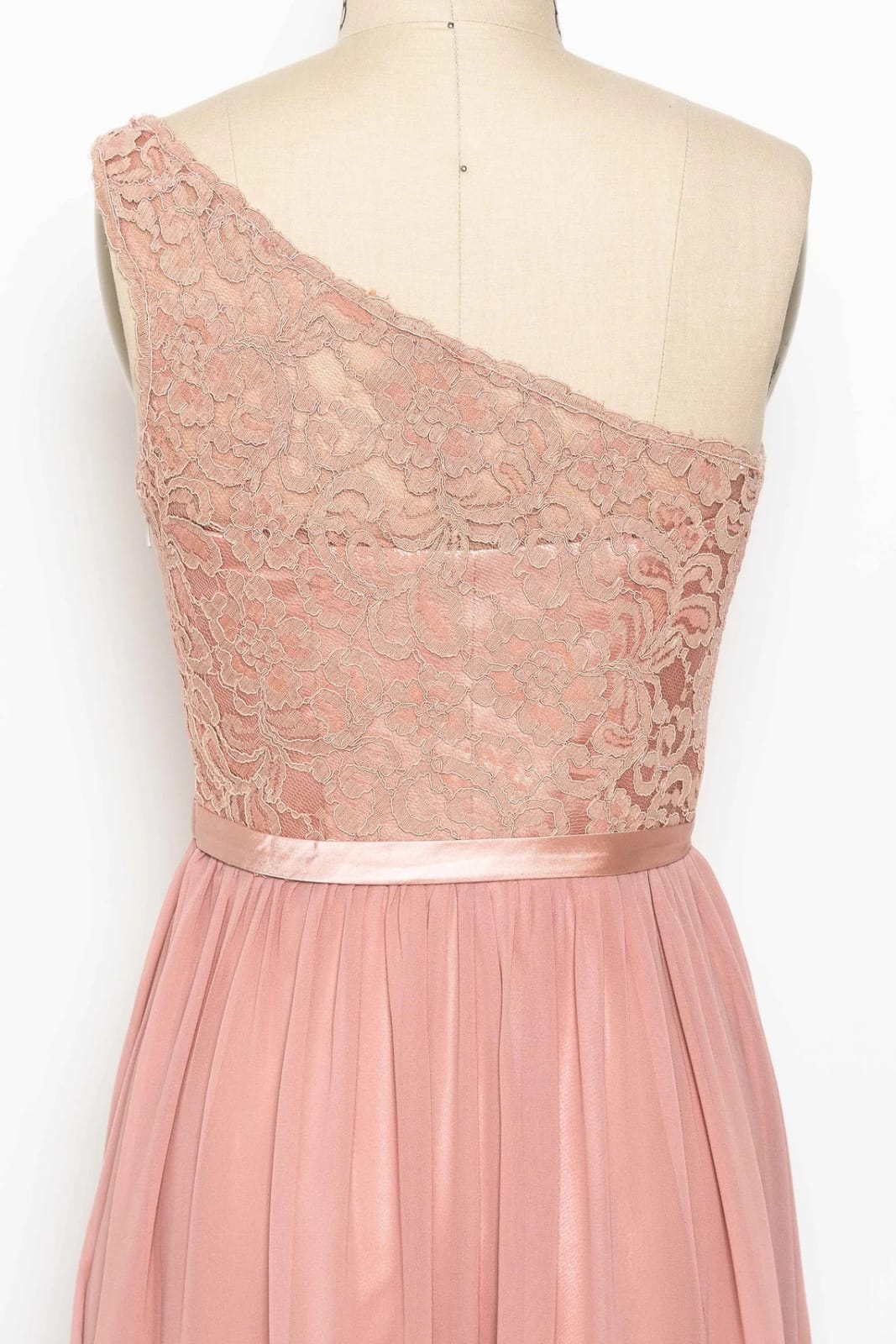 One Shoulder Peach Pink Lace Chiffon Long Bridesmaid Dress
