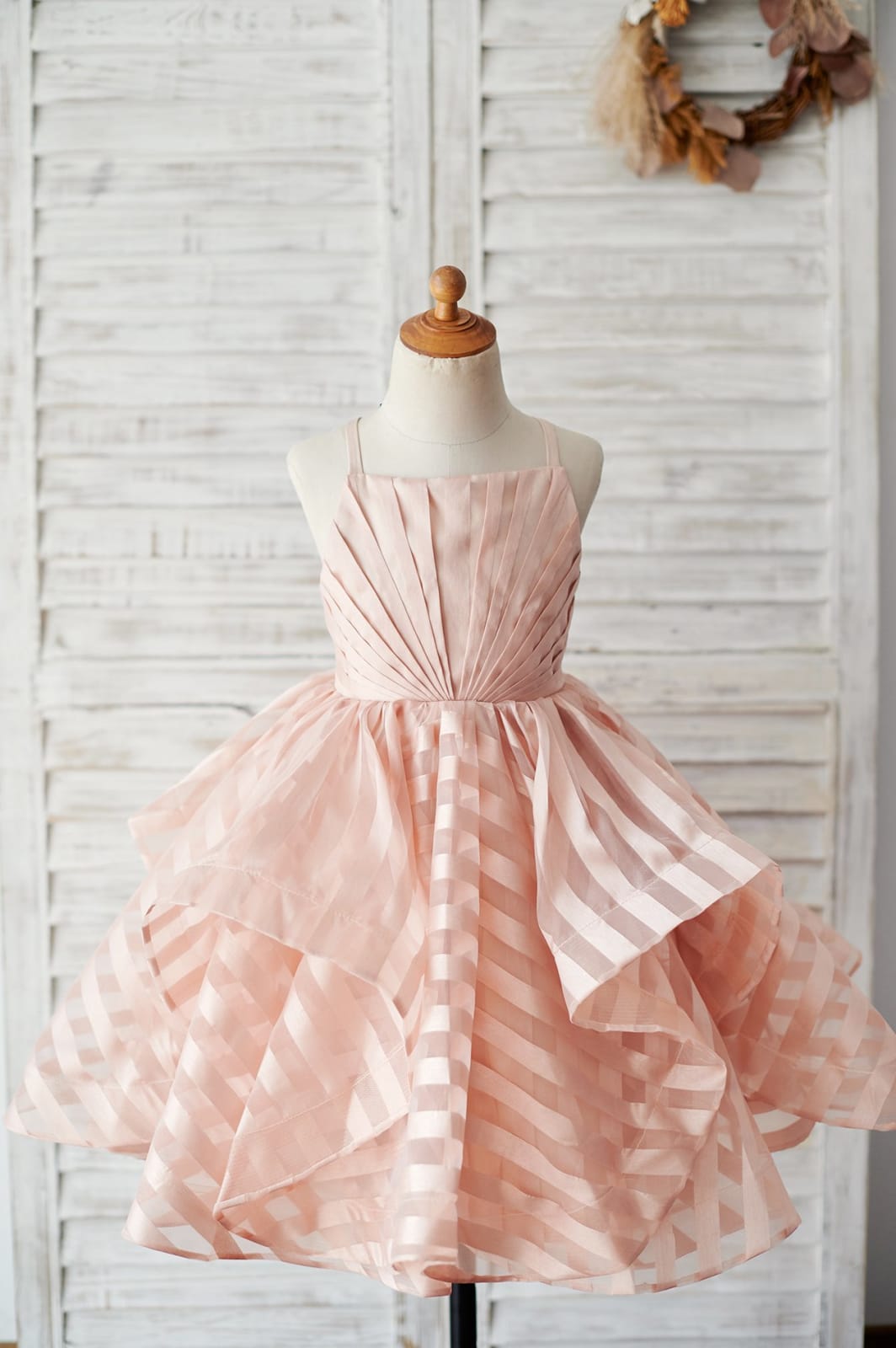 Peach Stripe Organza Spaghetti Straps Wedding Flower Girl Dress