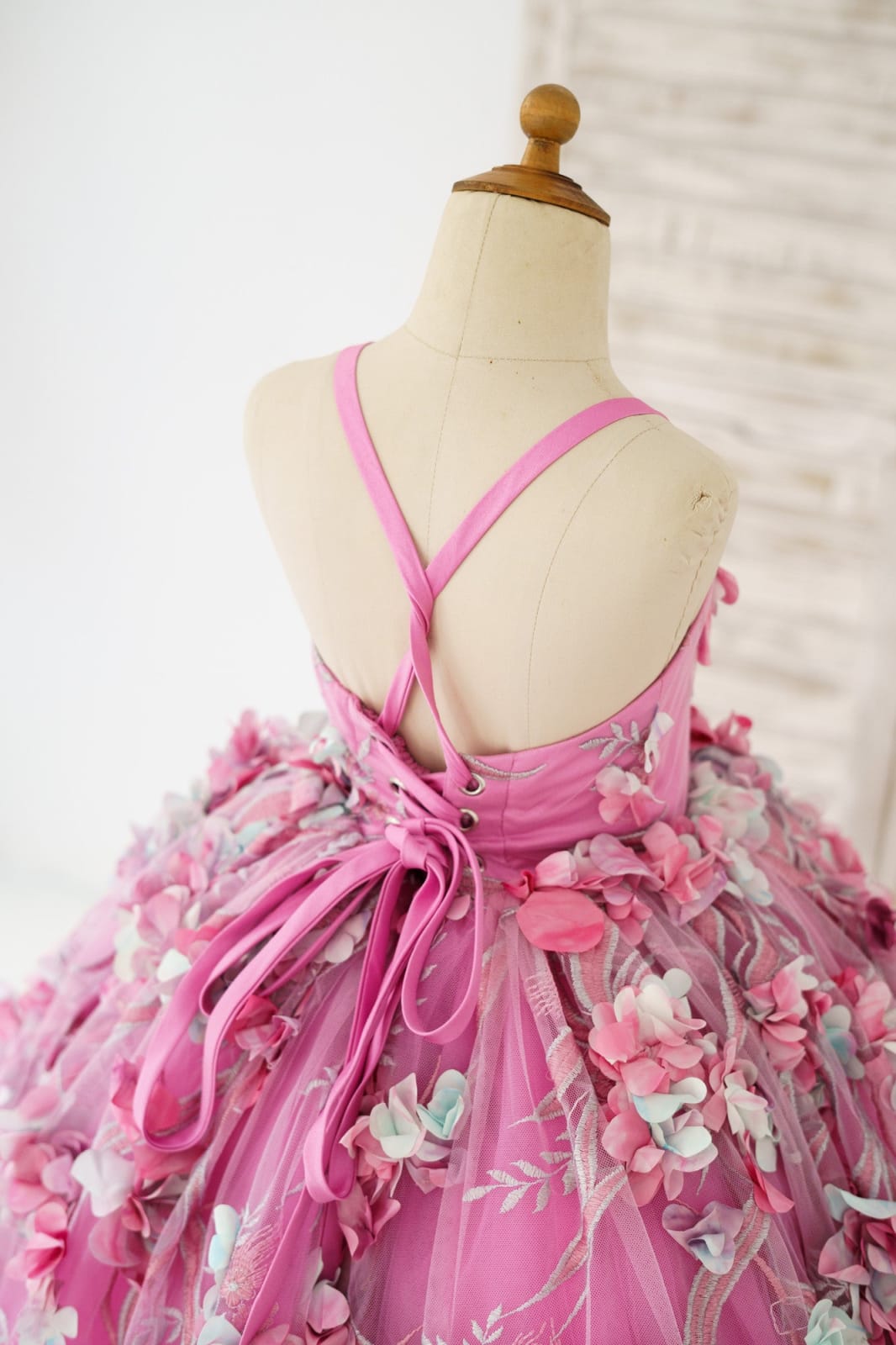 Hot Pink 3D Flower Spaghetti Straps Corset Back Wedding Flower Girl Dress