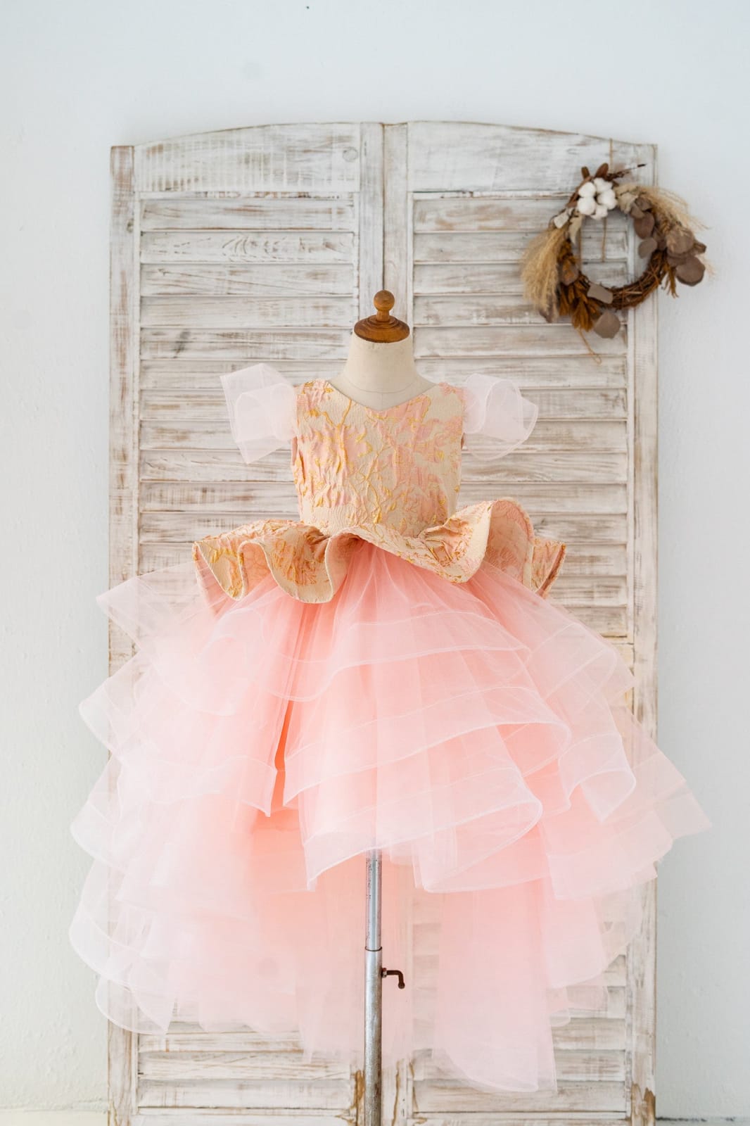 Pink Jacquard Hi-Low Tulle Cap Sleeves Wedding Flower Girl Dress Kids Party