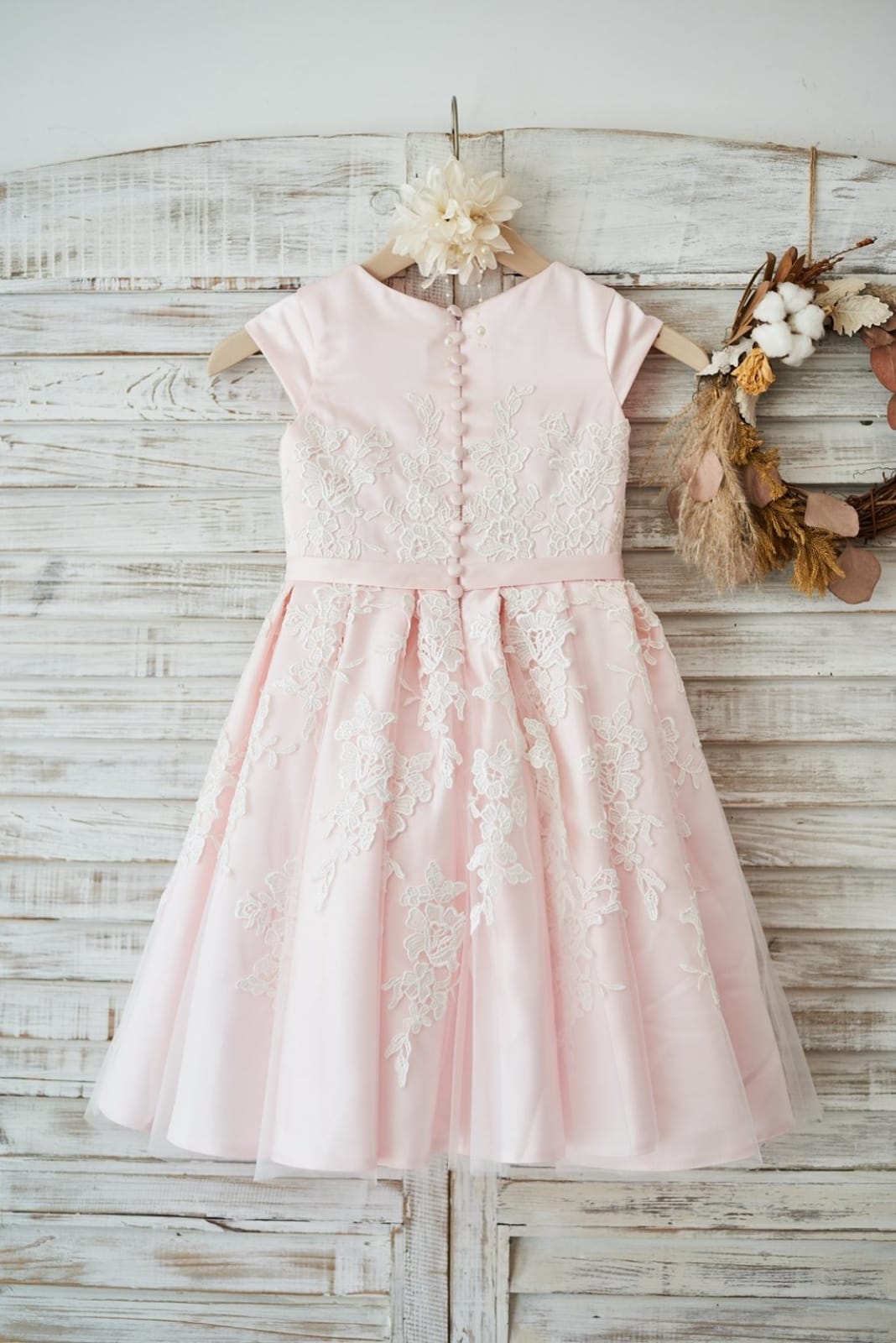 Pink Satin Ivory Tulle Lace Cap Sleeves Wedding Flower Girl Dress, Belt