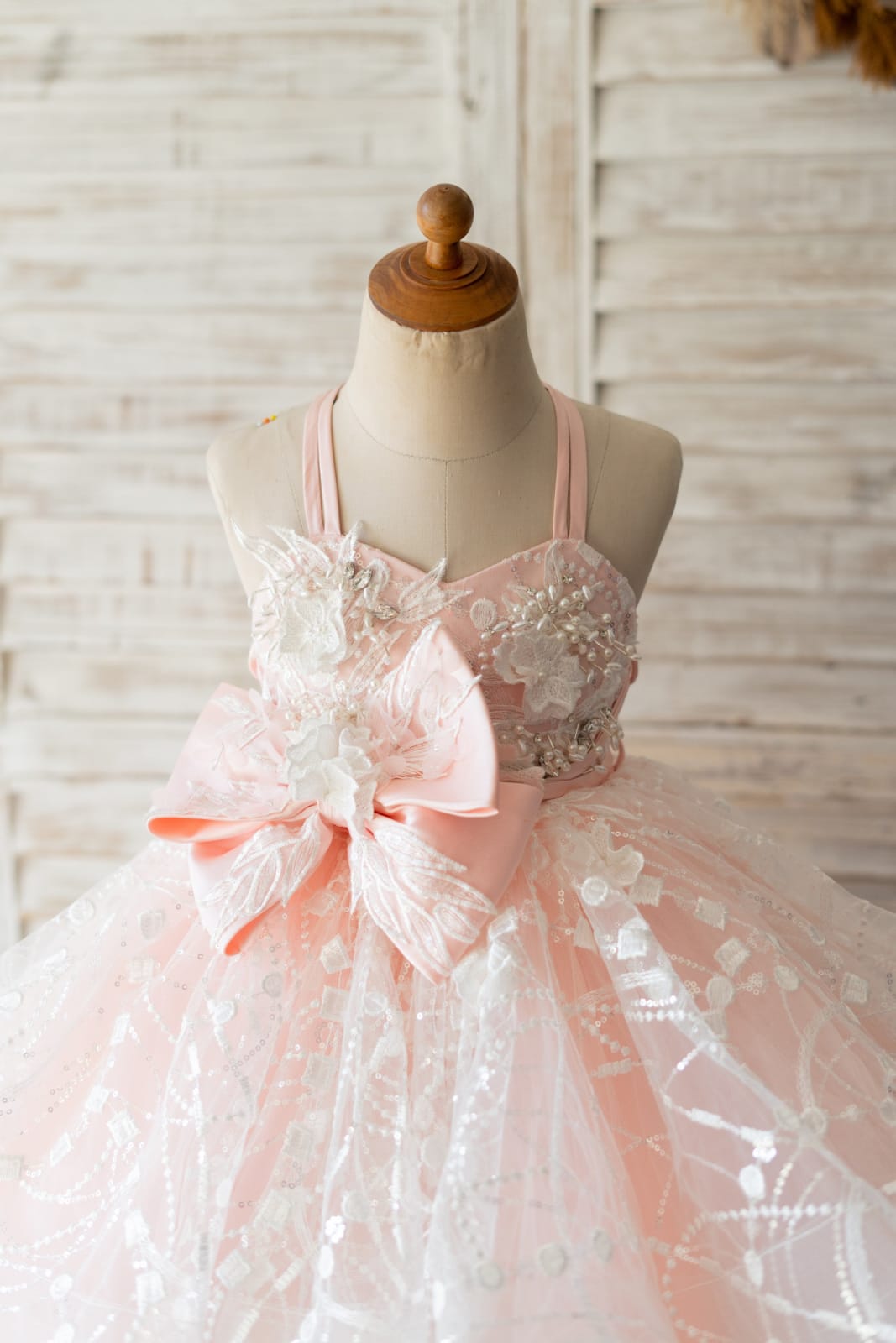 Pink Tulle Beaded Lace Straps Cross Back Wedding Flower Girl Dress Kids?Formal?Dress