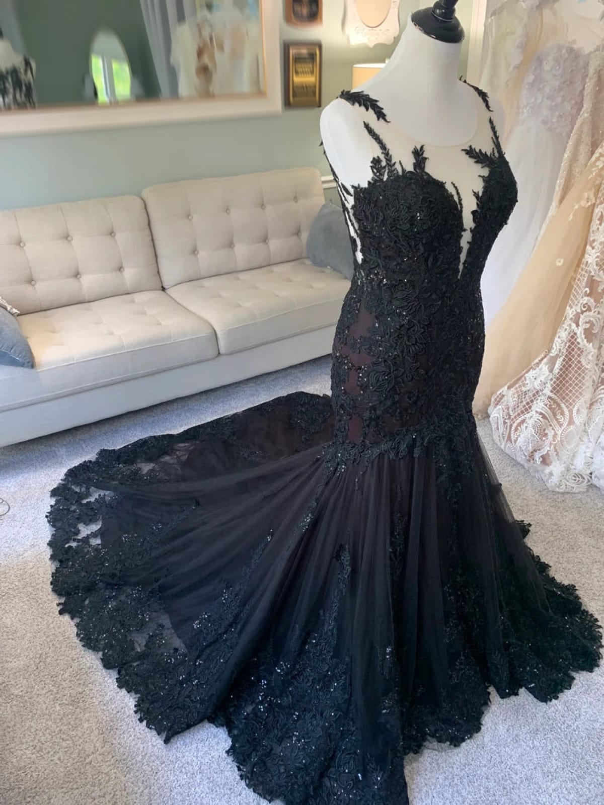 Plunge Illusion Tank Chapel Lace Tulle Black Trumpet Wedding Dress