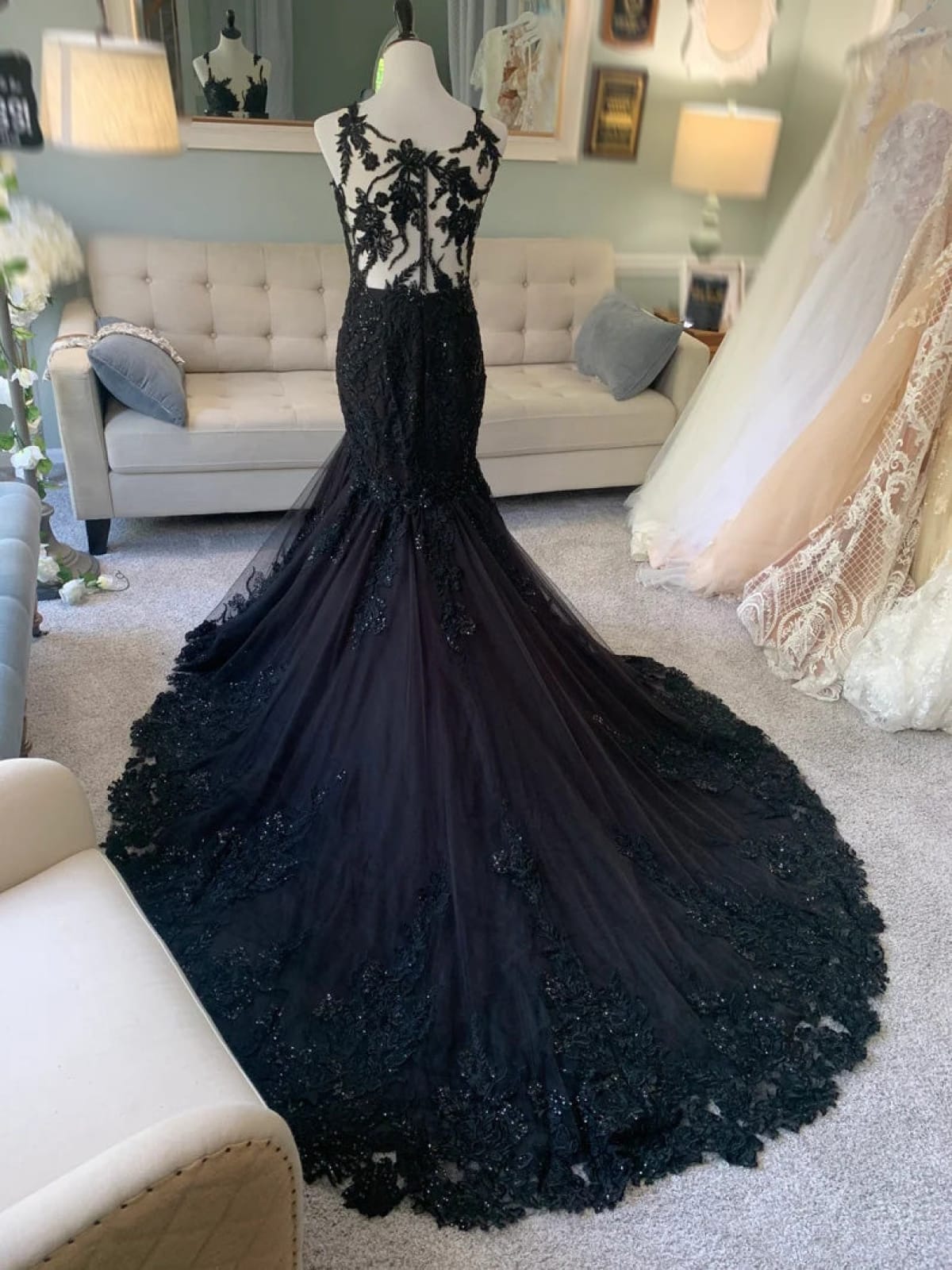 Plunge Illusion Tank Chapel Lace Tulle Black Trumpet Wedding Dress