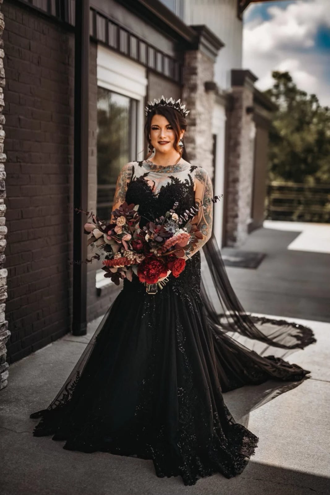 Plunge Illusion Tank Chapel Lace Tulle Black Trumpet Wedding Dress